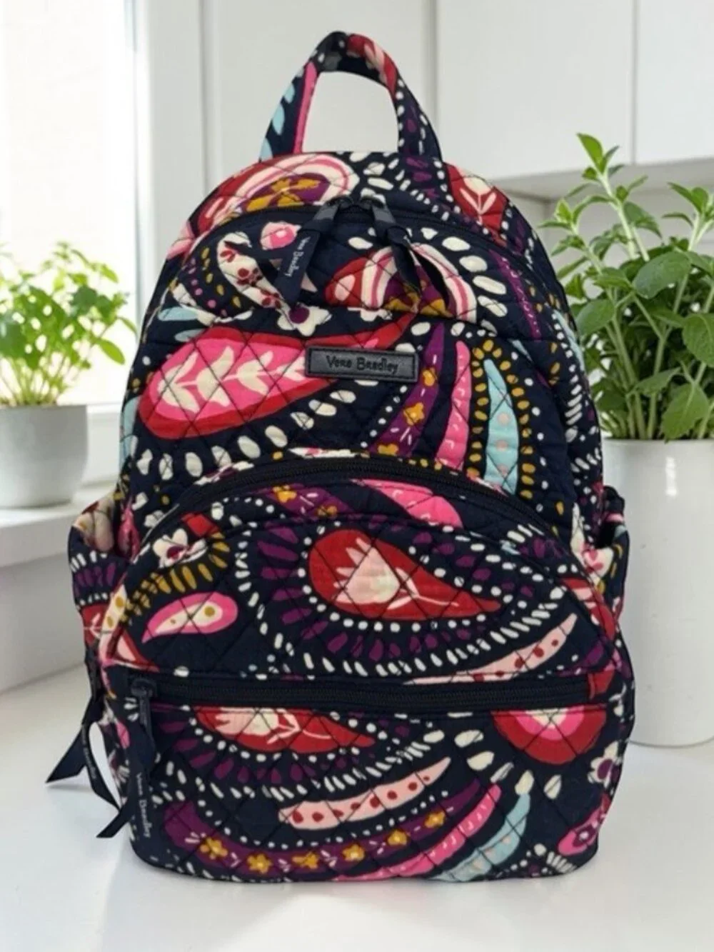 Vera Bradley Quilted Navy Pink Red Painted Paisley Backpack 14